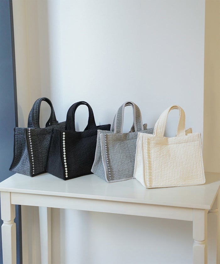 マチ付き パールトリム ヌビ バッグ スタンダード 韓国 オフィス かわいい アイボリー グレー チャコール ブラック フリー