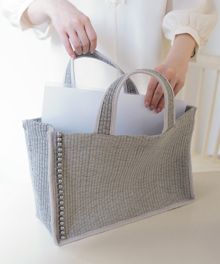 マチ付き パールトリム ヌビ バッグ large オフィス かわいい アイボリー グレー チャコール ブラック フリー