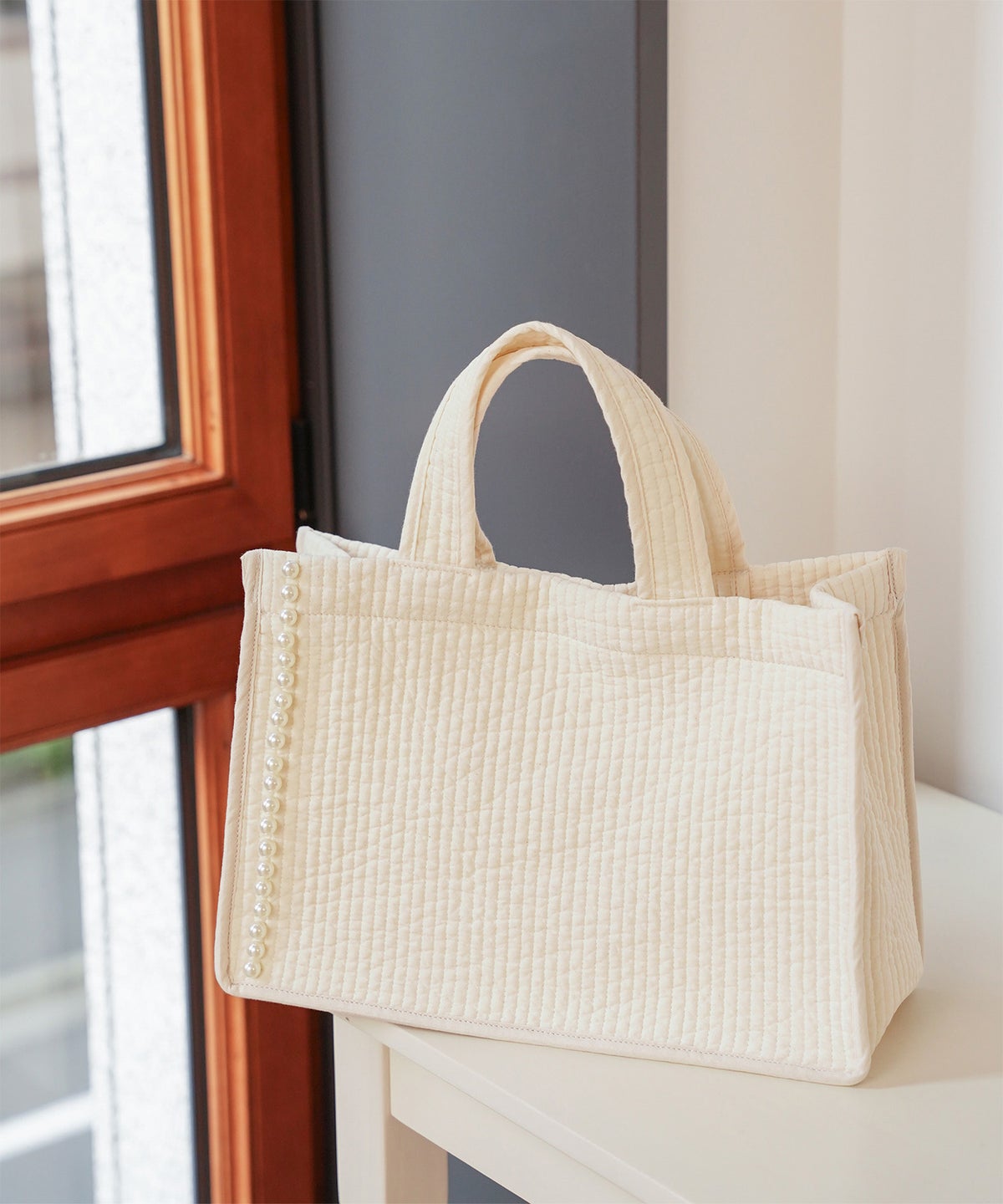 マチ付き パールトリム ヌビ バッグ large オフィス かわいい アイボリー グレー チャコール ブラック フリー