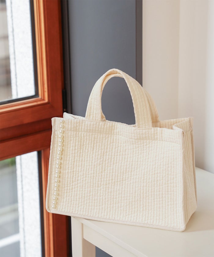 マチ付き パールトリム ヌビ バッグ large オフィス かわいい アイボリー グレー チャコール ブラック フリー