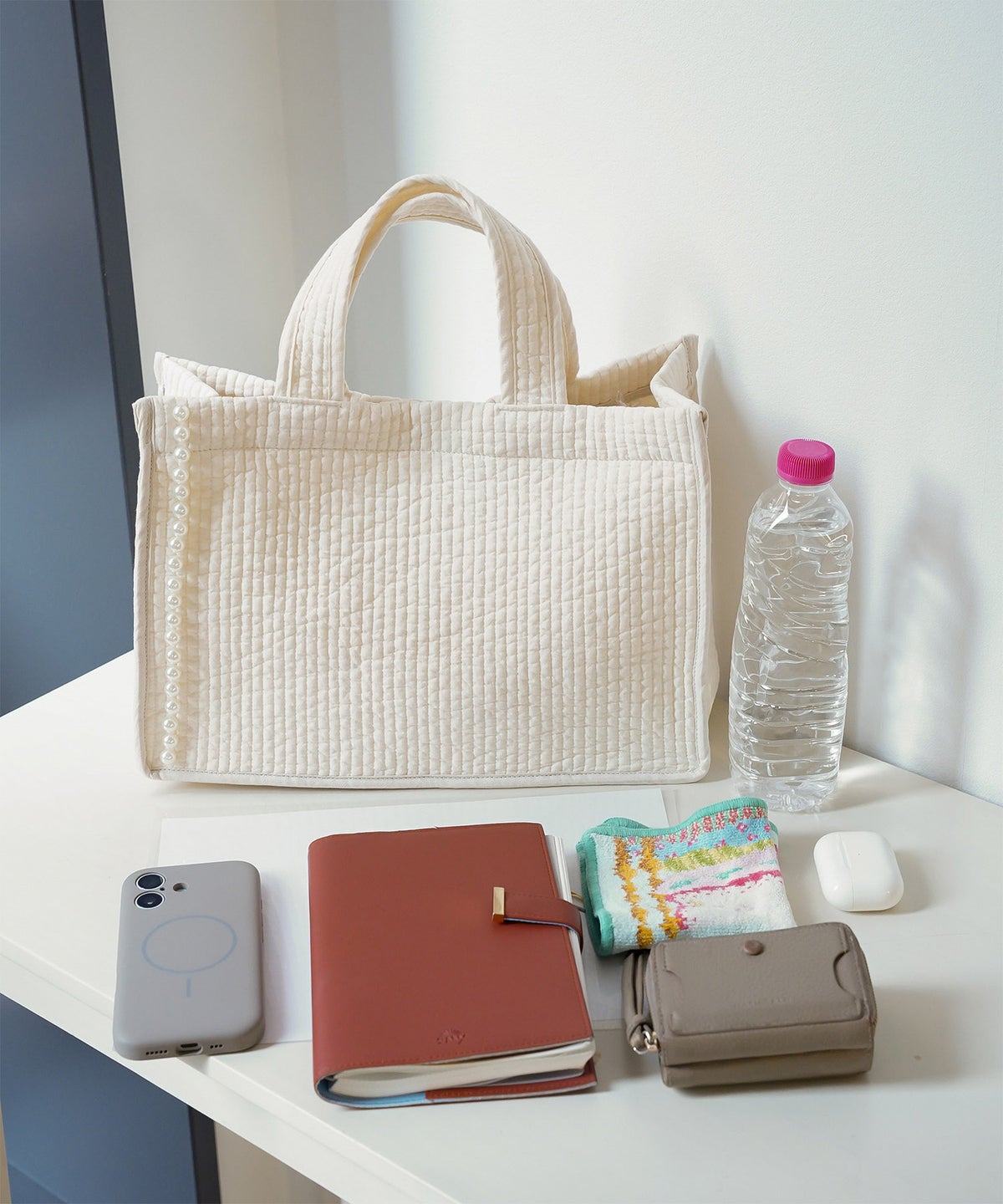 マチ付き パールトリム ヌビ バッグ large オフィス かわいい アイボリー グレー チャコール ブラック フリー