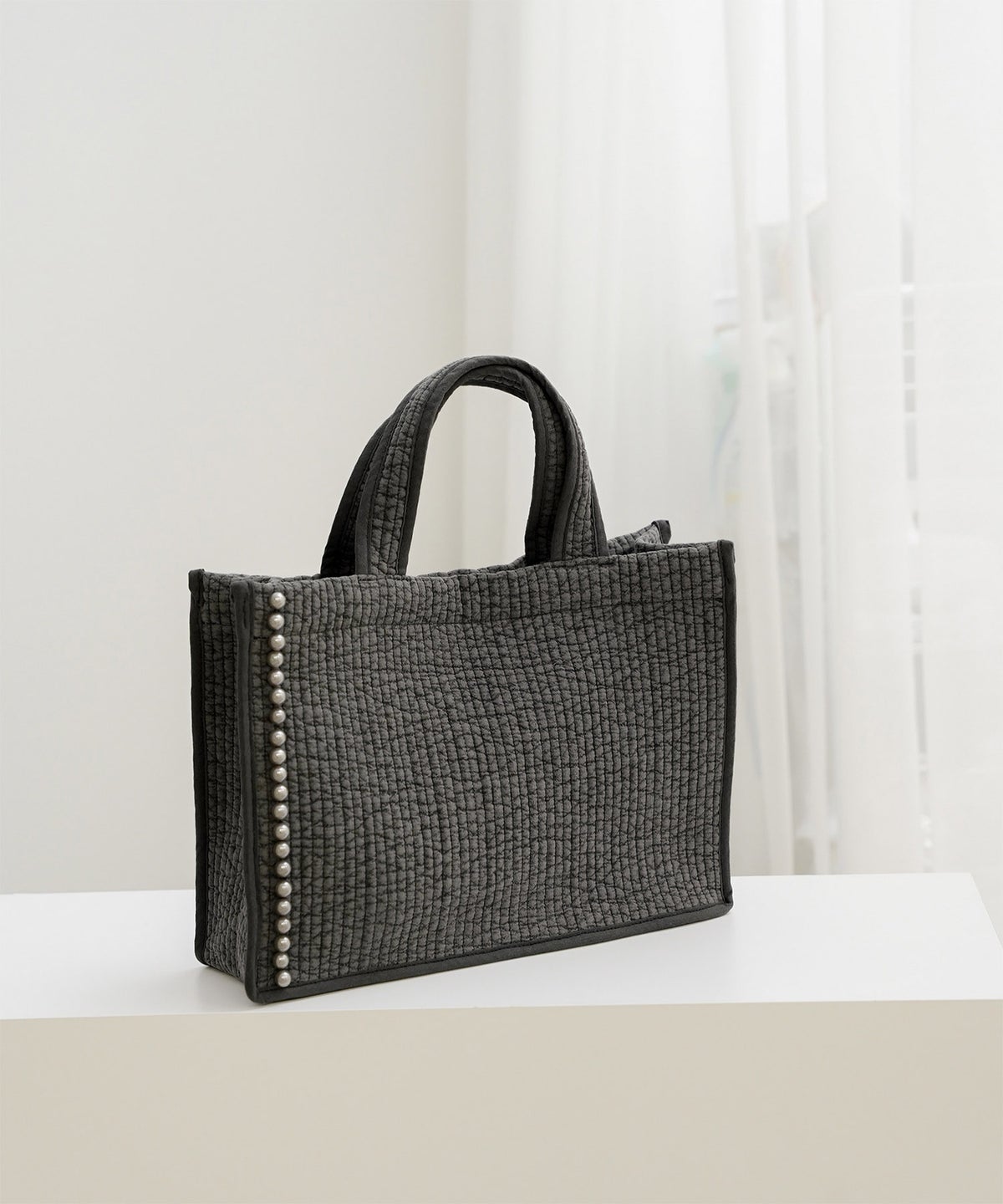 マチ付き パールトリム ヌビ バッグ large オフィス かわいい アイボリー グレー チャコール ブラック フリー