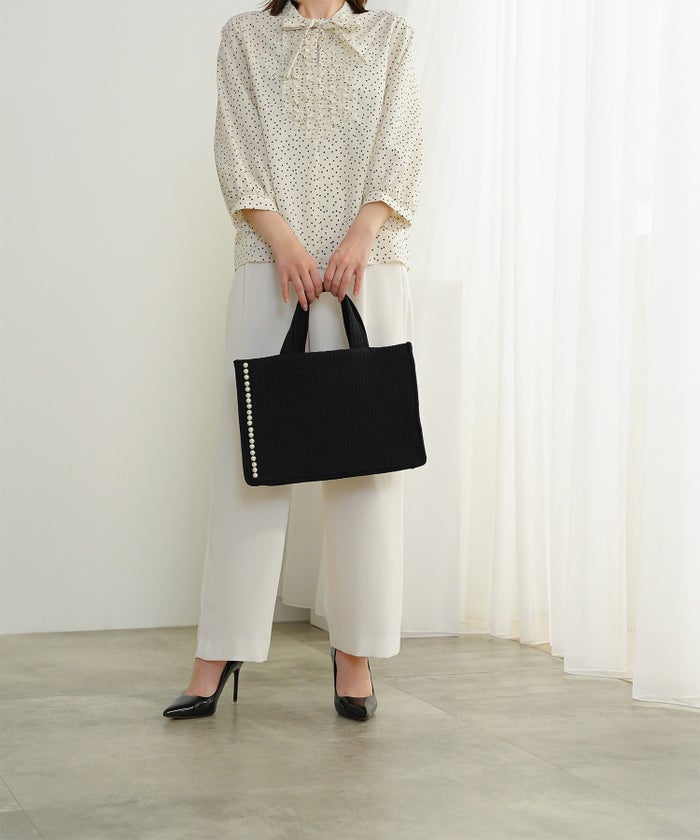 マチ付き パールトリム ヌビ バッグ large オフィス かわいい アイボリー グレー チャコール ブラック フリー