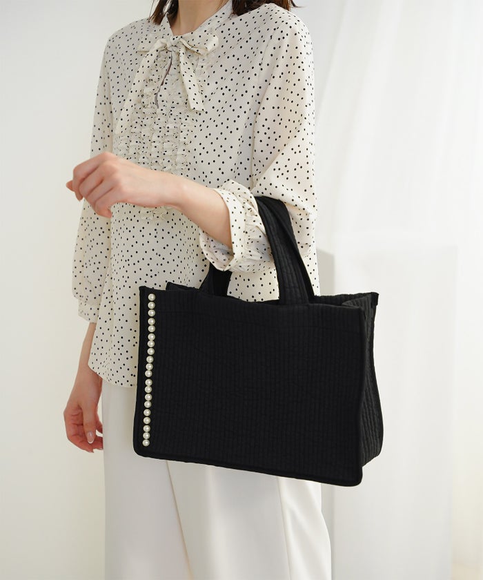 マチ付き パールトリム ヌビ バッグ large オフィス かわいい アイボリー グレー チャコール ブラック フリー