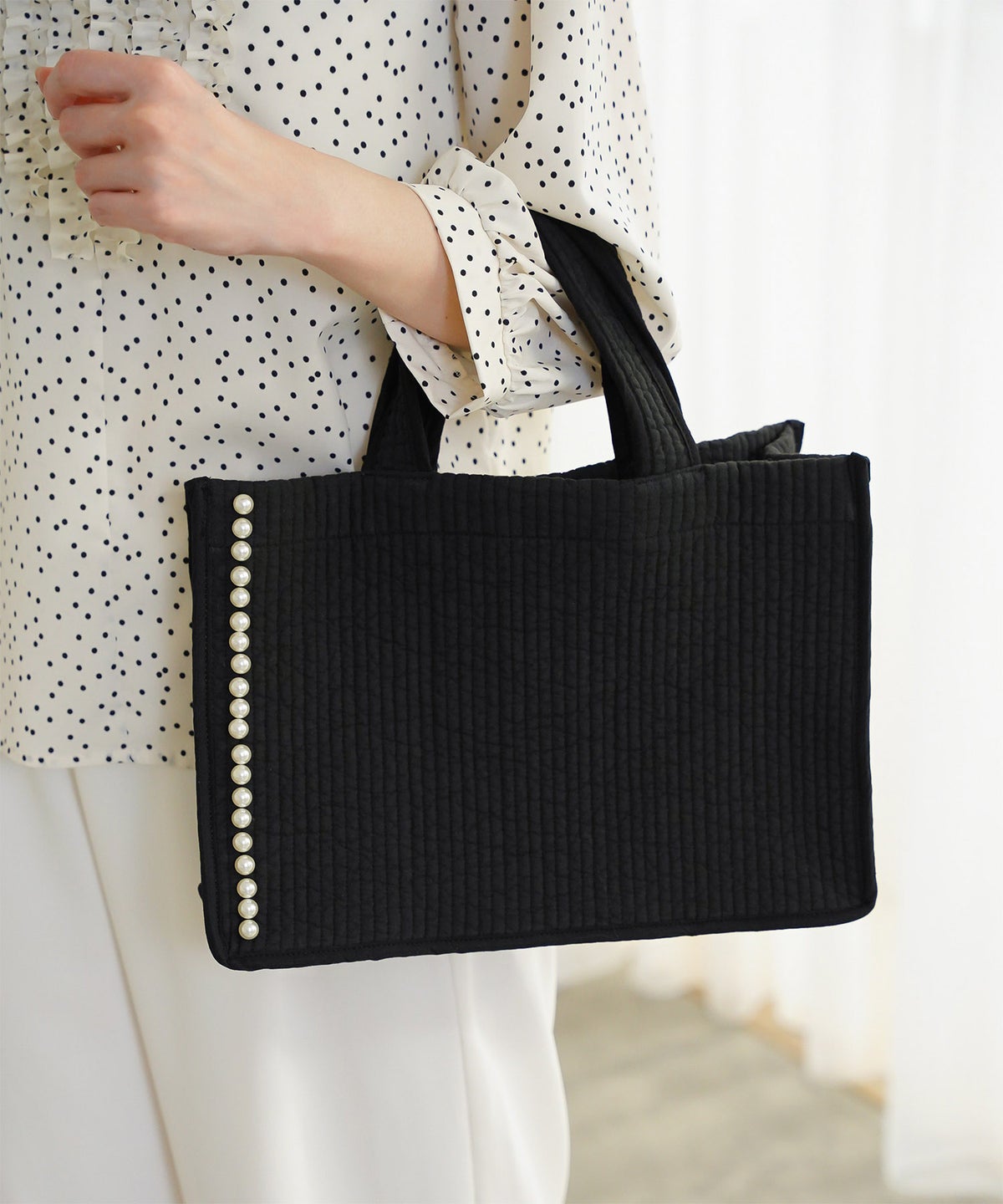 マチ付き パールトリム ヌビ バッグ large オフィス かわいい アイボリー グレー チャコール ブラック フリー