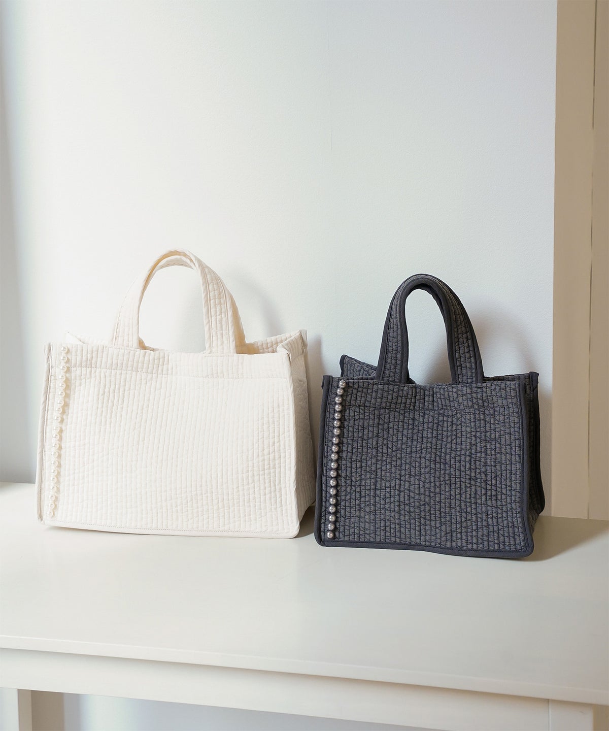 マチ付き パールトリム ヌビ バッグ large オフィス かわいい アイボリー グレー チャコール ブラック フリー