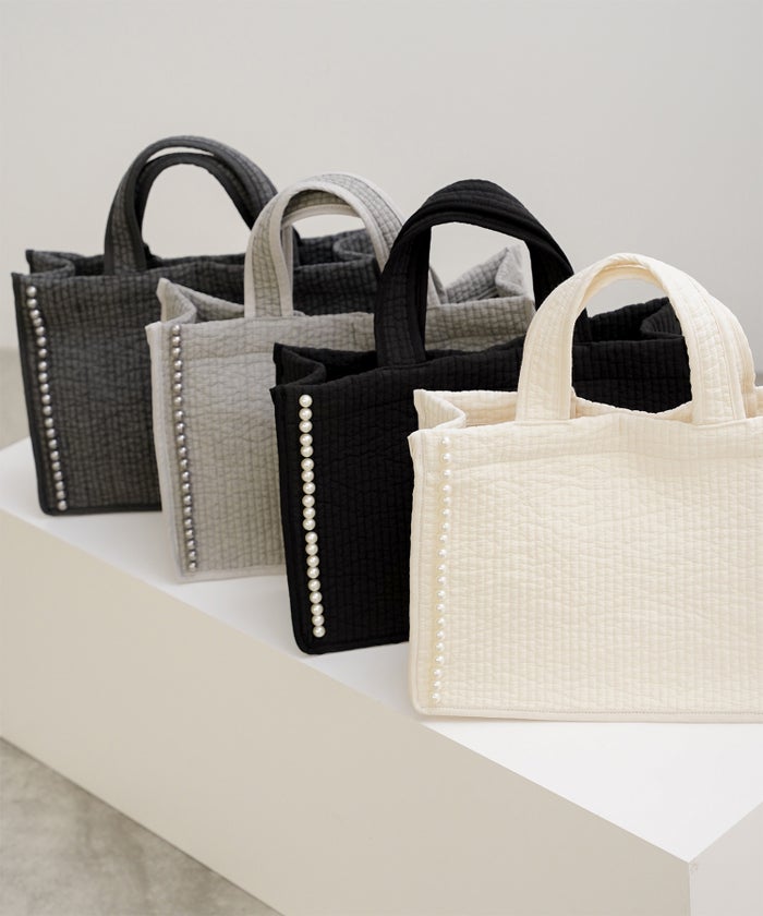 マチ付き パールトリム ヌビ バッグ large オフィス かわいい アイボリー グレー チャコール ブラック フリー