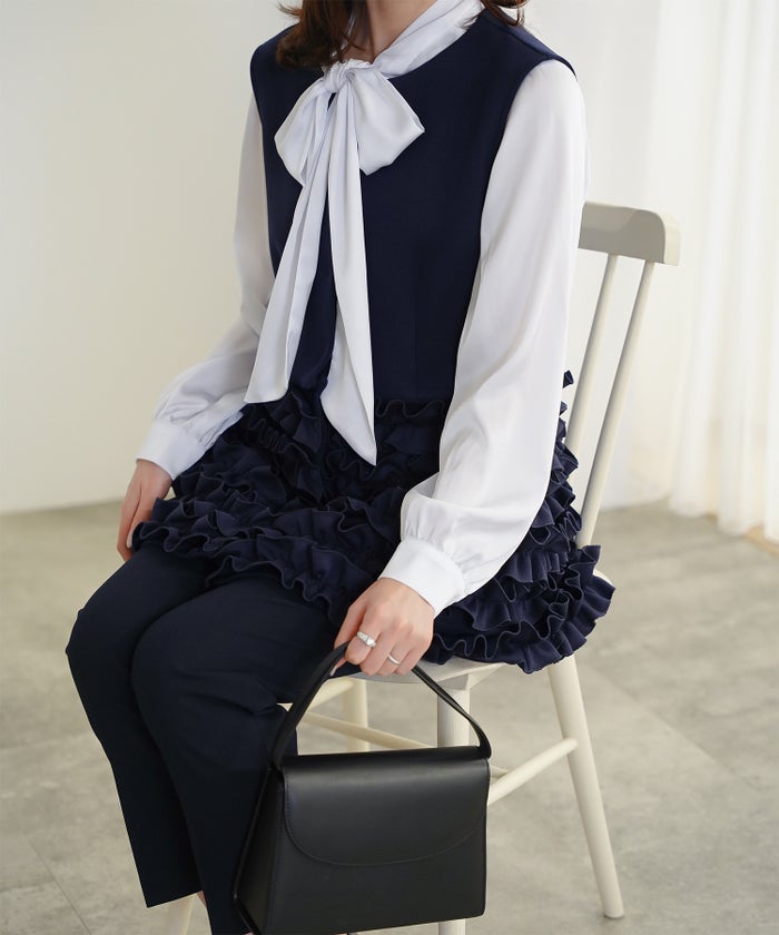 2way フリルヘム ジレ ホワイト ネイビー ブラック ペプラム ホワイト ネイビー ブラック フリー