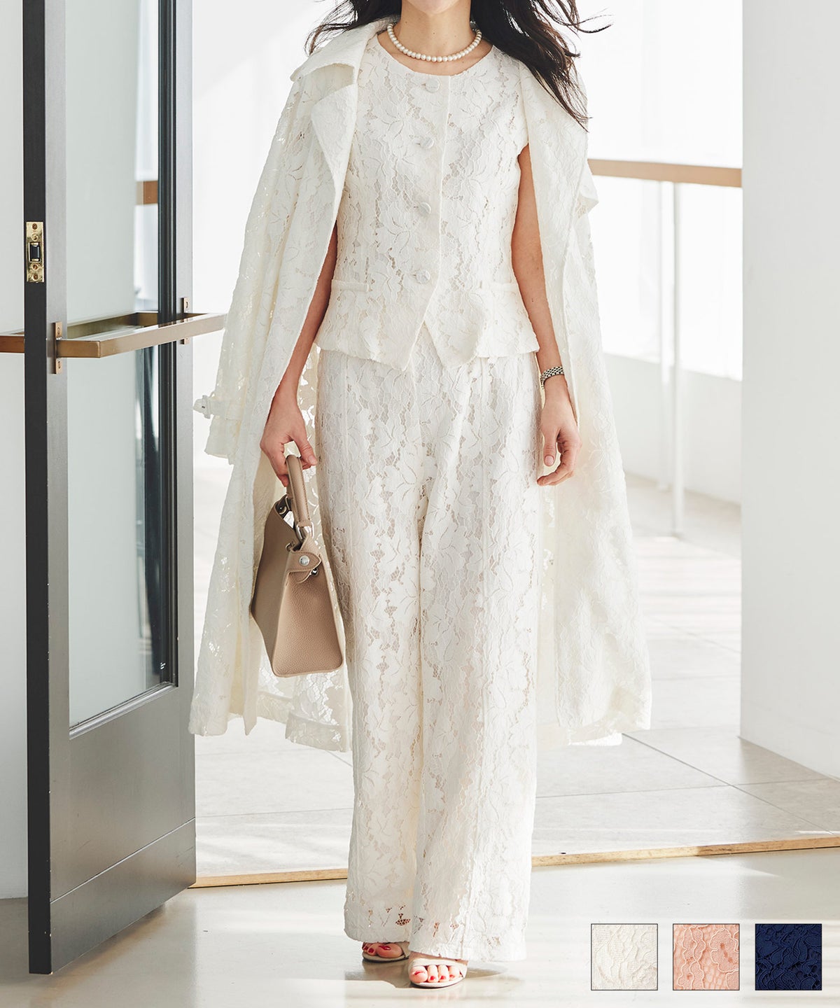 総レース ロング トレンチコート ホワイト ピンク ネイビー 総レース ロング トレンチコート ＆BLOOM（アンドブルーム）