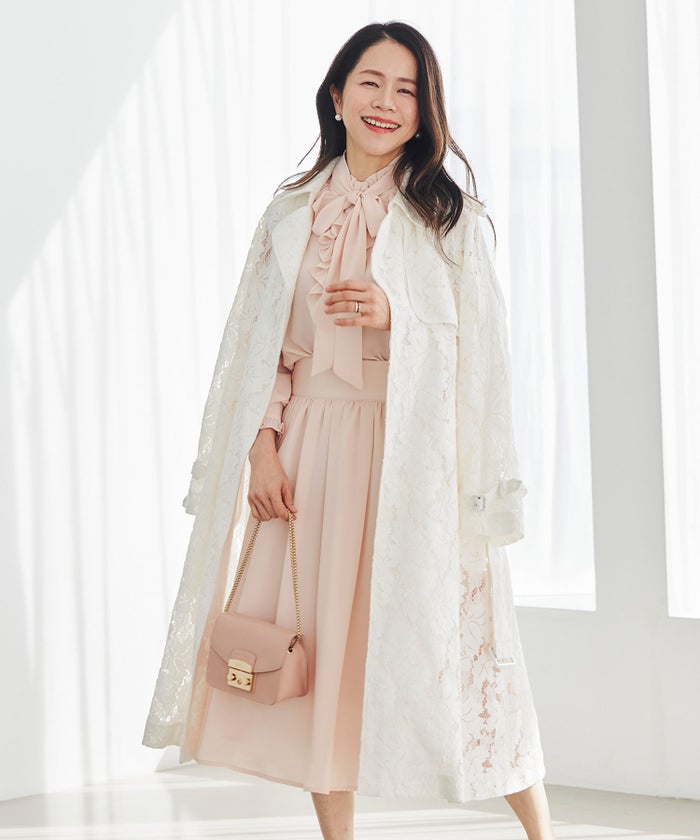 総レース ロング トレンチコート ホワイト ピンク ネイビー 総レース ロング トレンチコート ＆BLOOM（アンドブルーム）