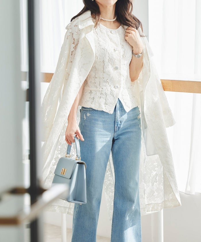 総レース ロング トレンチコート ホワイト ピンク ネイビー 総レース ロング トレンチコート ＆BLOOM（アンドブルーム）