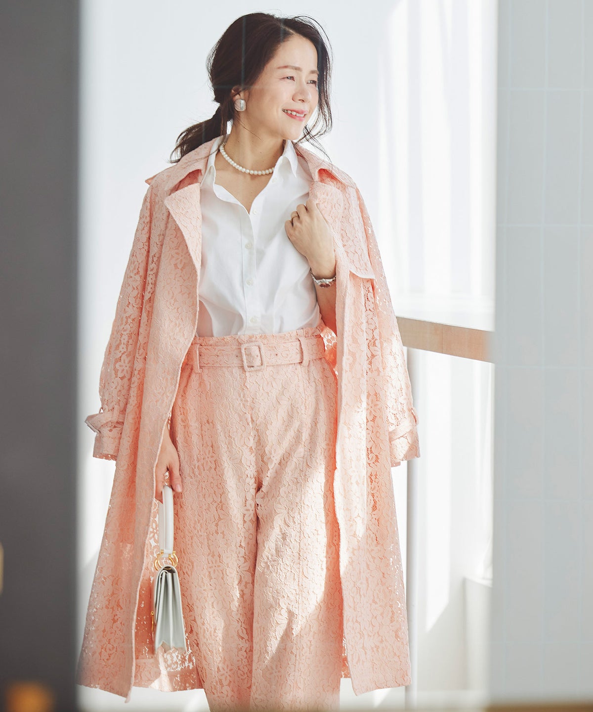総レース ロング トレンチコート ホワイト ピンク ネイビー 総レース ロング トレンチコート ＆BLOOM（アンドブルーム）