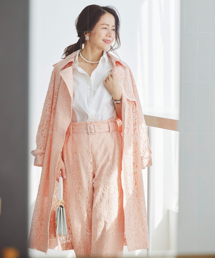 総レース ロング トレンチコート ホワイト ピンク ネイビー 総レース ロング トレンチコート ＆BLOOM（アンドブルーム）