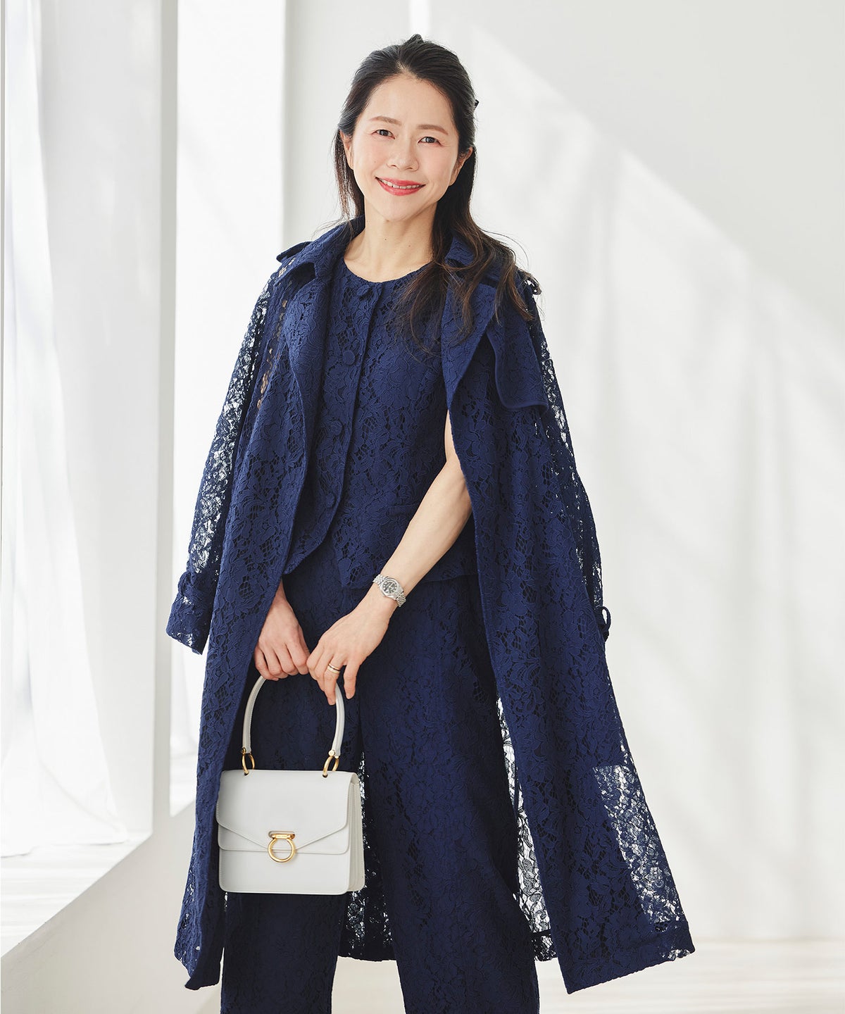 総レース ロング トレンチコート ホワイト ピンク ネイビー 総レース ロング トレンチコート ＆BLOOM（アンドブルーム）