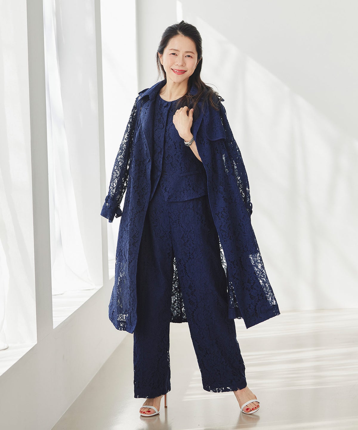 総レース ロング トレンチコート ホワイト ピンク ネイビー 総レース ロング トレンチコート ＆BLOOM（アンドブルーム）