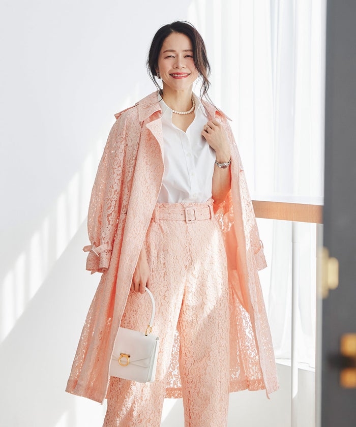 総レース ロング トレンチコート ホワイト ピンク ネイビー 総レース ロング トレンチコート ＆BLOOM（アンドブルーム）