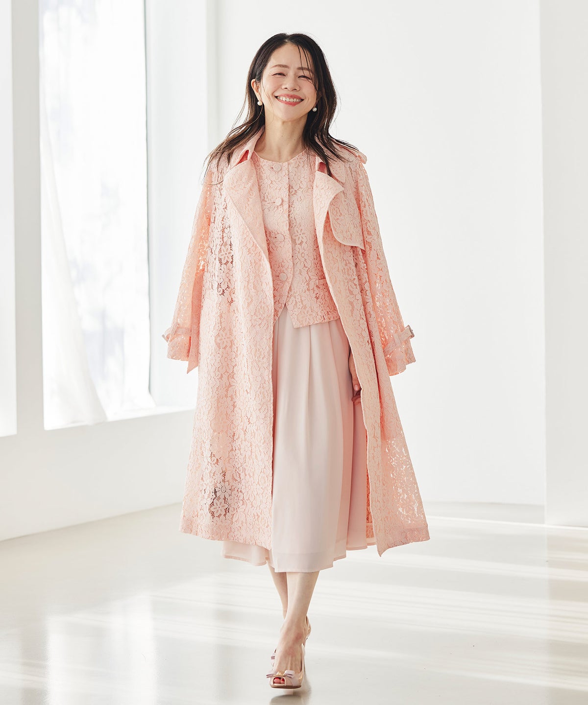 総レース ロング トレンチコート ホワイト ピンク ネイビー 総レース ロング トレンチコート ＆BLOOM（アンドブルーム）