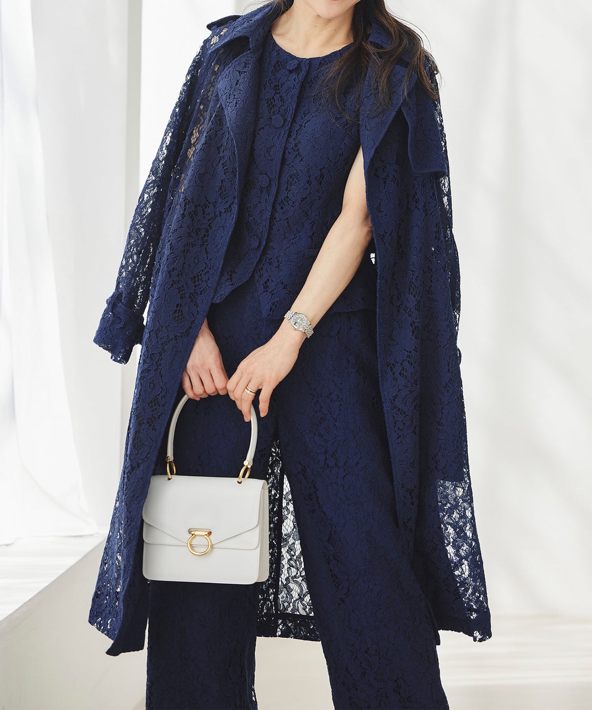 総レース ロング トレンチコート ホワイト ピンク ネイビー 総レース ロング トレンチコート ＆BLOOM（アンドブルーム）