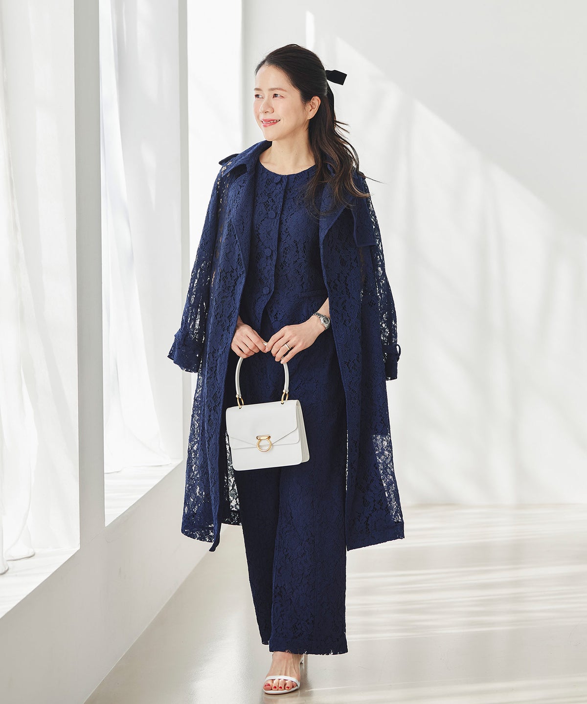 総レース ロング トレンチコート ホワイト ピンク ネイビー 総レース ロング トレンチコート ＆BLOOM（アンドブルーム）