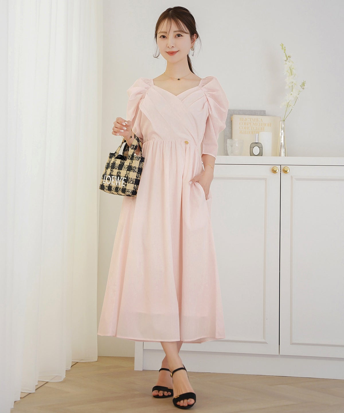 ワンピース カシュクール 半袖 6分袖  パール パワショル フェミニン 大人 マタニティ