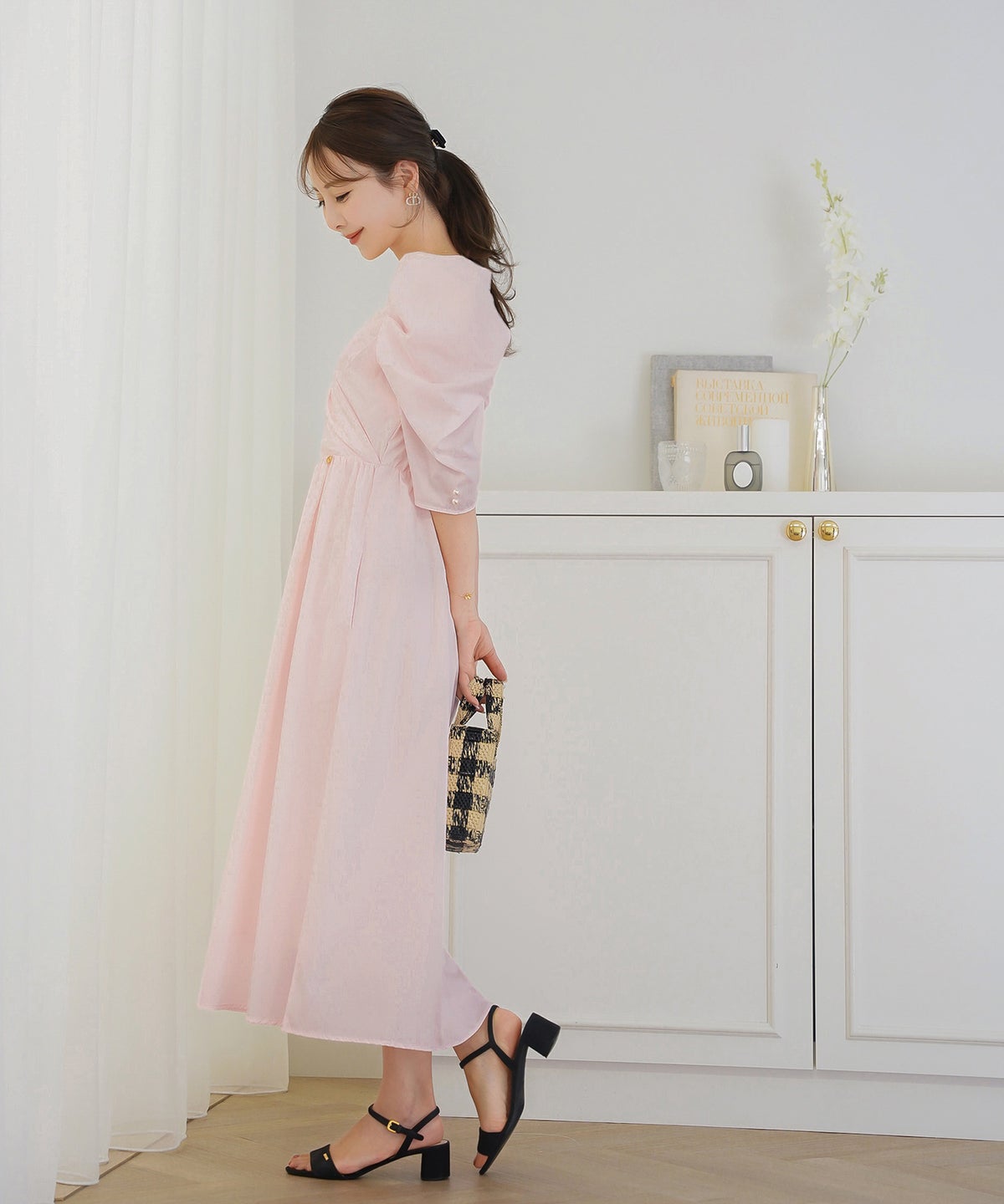 ワンピース カシュクール 半袖 6分袖  パール パワショル フェミニン 大人 マタニティ