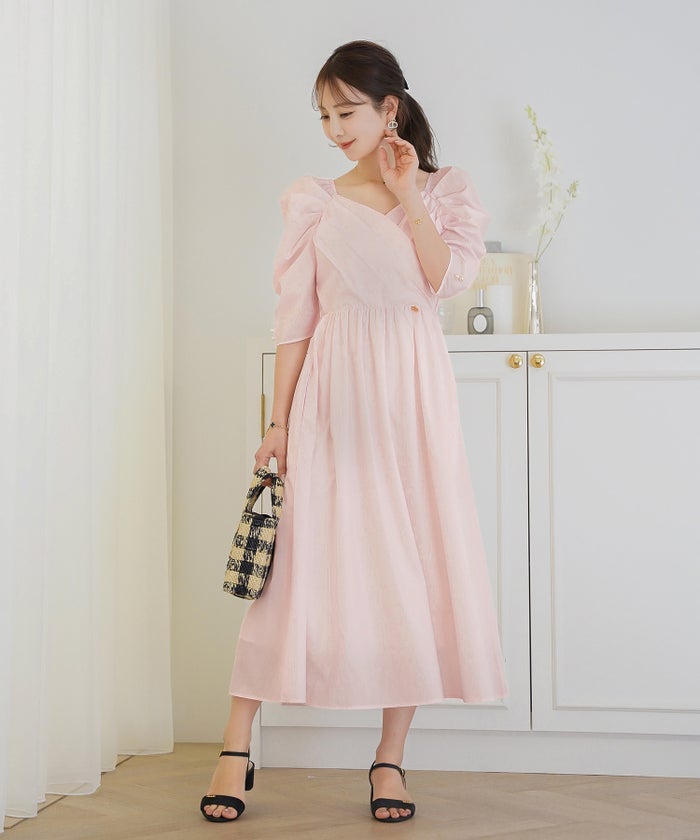 ワンピース カシュクール 半袖 6分袖  パール パワショル フェミニン 大人 マタニティ