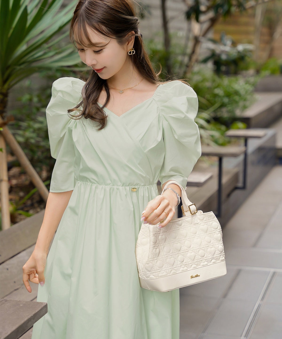 ワンピース カシュクール 半袖 6分袖  パール パワショル フェミニン 大人 マタニティ