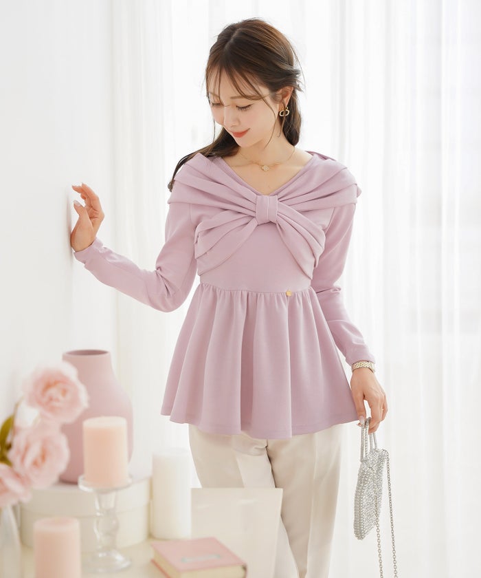 トップス カットソー ペプラム 体型カバー カジュアル 長袖 パール オフショル リボン タック ギャザー Vネック きれいめ 着映え パンツスタイル ミドル丈 春 秋