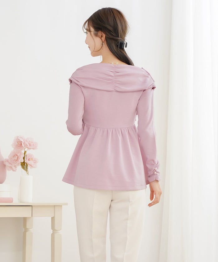 トップス カットソー ペプラム 体型カバー カジュアル 長袖 パール オフショル リボン タック ギャザー Vネック きれいめ 着映え パンツスタイル ミドル丈 春 秋