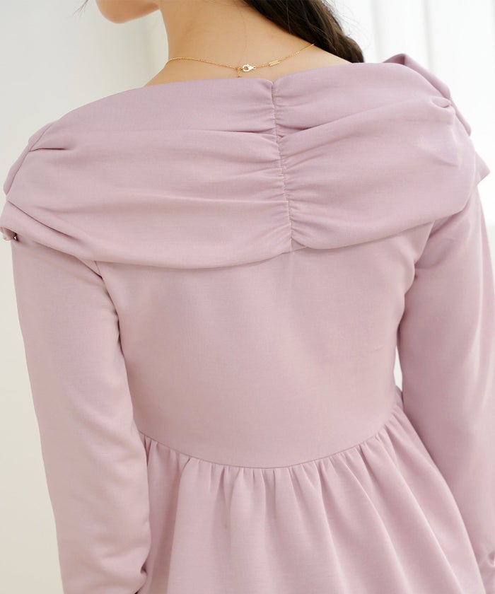 トップス カットソー ペプラム 体型カバー カジュアル 長袖 パール オフショル リボン タック ギャザー Vネック きれいめ 着映え パンツスタイル ミドル丈 春 秋