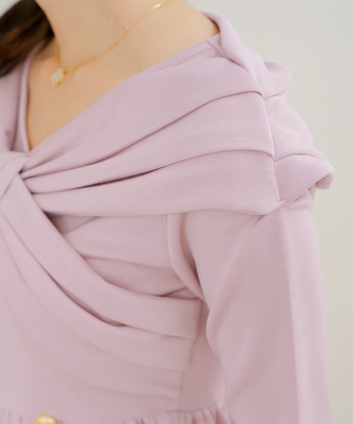 トップス カットソー ペプラム 体型カバー カジュアル 長袖 パール オフショル リボン タック ギャザー Vネック きれいめ 着映え パンツスタイル ミドル丈 春 秋