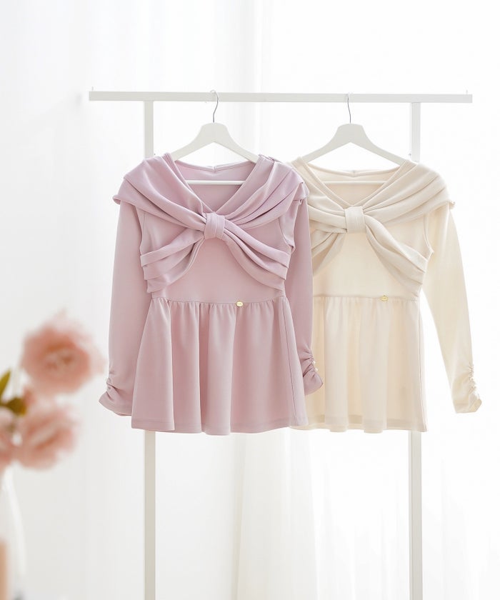 トップス カットソー ペプラム 体型カバー カジュアル 長袖 パール オフショル リボン タック ギャザー Vネック きれいめ 着映え パンツスタイル ミドル丈 春 秋