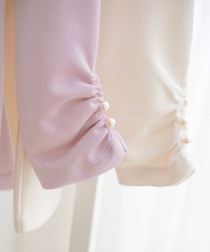 トップス カットソー ペプラム 体型カバー カジュアル 長袖 パール オフショル リボン タック ギャザー Vネック きれいめ 着映え パンツスタイル ミドル丈 春 秋