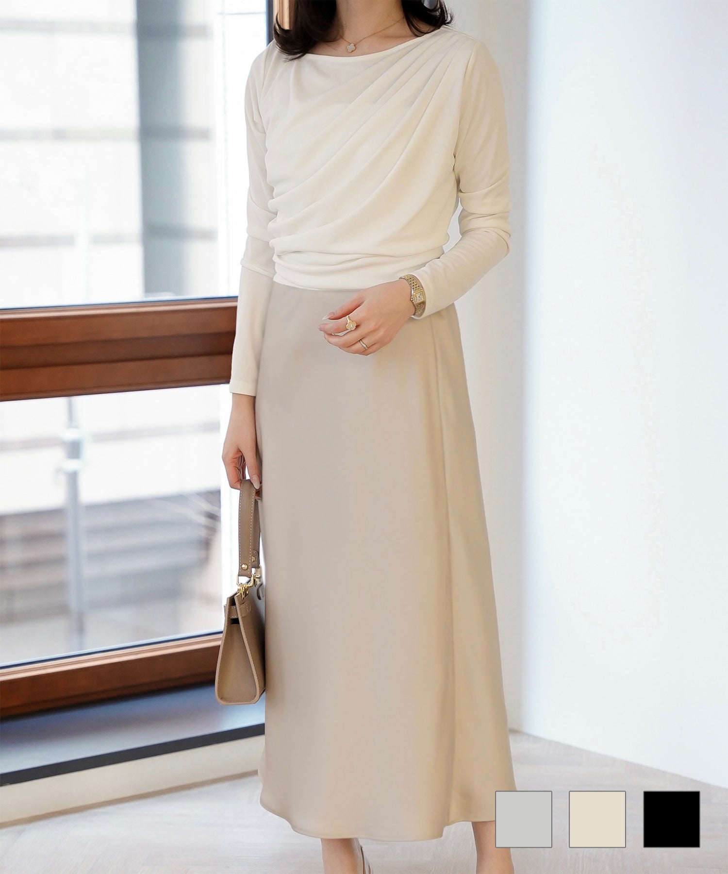 thehighlights サテンスカート　ベージュ サテン ナロー スカート HUIT 全3色｜hit611-0354【1】 - スカート商品