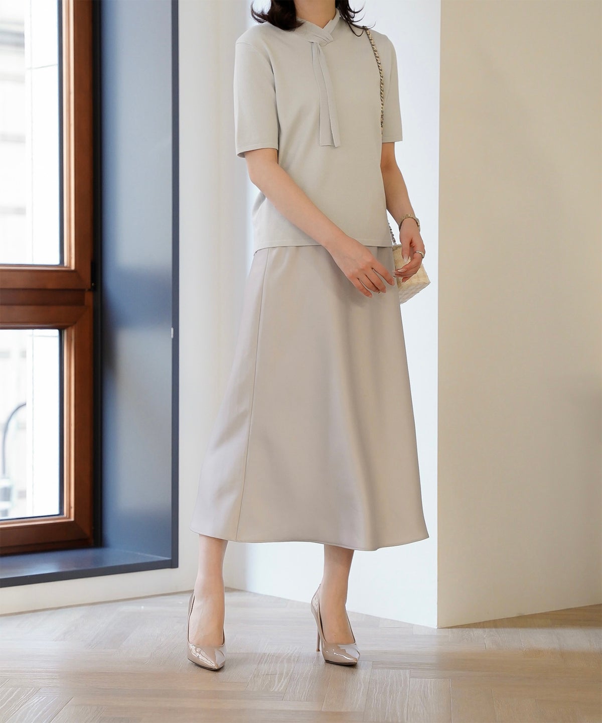 サテン ナロー スカート ボトムス レディース サックス ベージュ ブラック S M