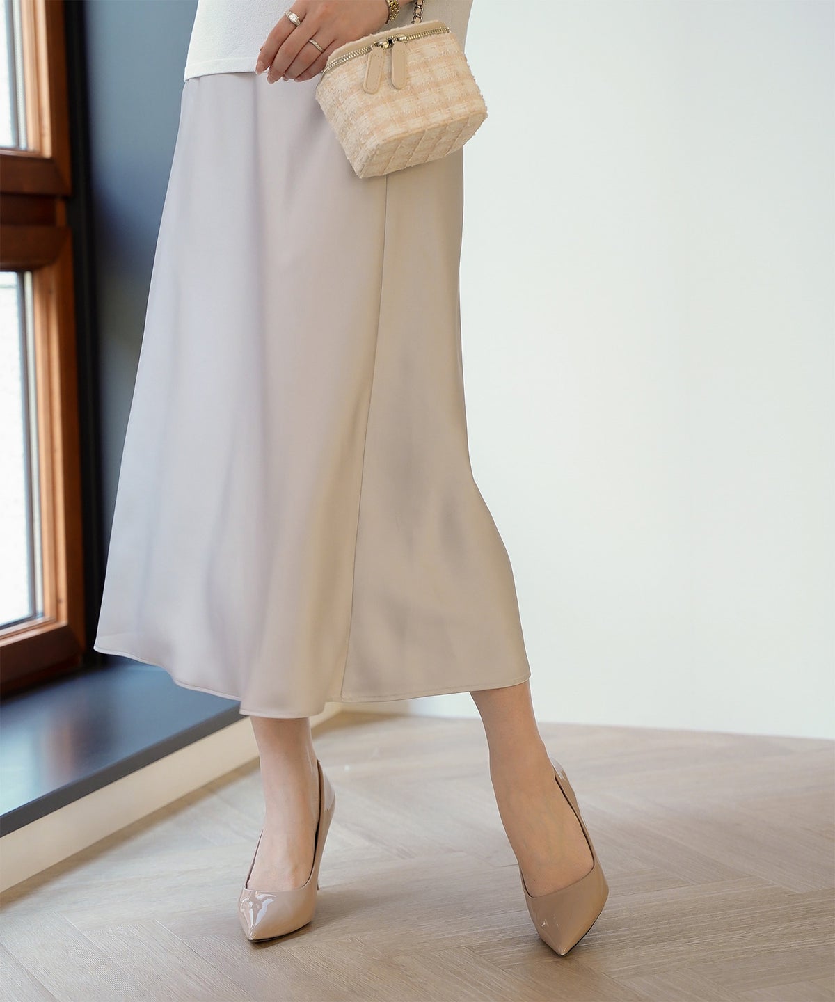 サテン ナロー スカート ボトムス レディース サックス ベージュ ブラック S M