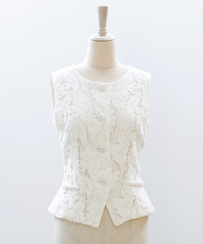 総レース ベスト ジレ 春 秋 美シルエット ウエストライン 裏地付き きれいめ オケージョン 通勤 ホワイト ピンク ネイビー ジョイントスペース 総レース ベスト ＆BLOOM（アンドブルーム）