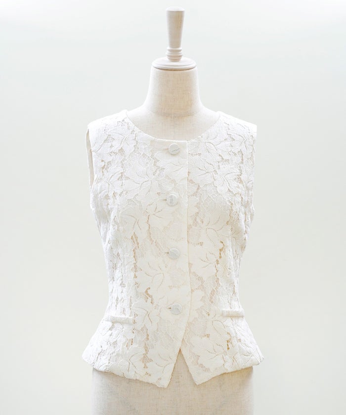 総レース ベスト ジレ 春 秋 美シルエット ウエストライン 裏地付き きれいめ オケージョン 通勤 ホワイト ピンク ネイビー ジョイントスペース 総レース ベスト ＆BLOOM（アンドブルーム）