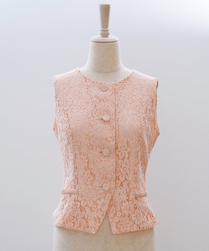 総レース ベスト ジレ 春 秋 美シルエット ウエストライン 裏地付き きれいめ オケージョン 通勤 ホワイト ピンク ネイビー ジョイントスペース 総レース ベスト ＆BLOOM（アンドブルーム）