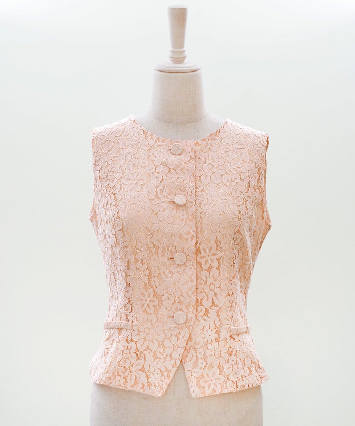 総レース ベスト ジレ 春 秋 美シルエット ウエストライン 裏地付き きれいめ オケージョン 通勤 ホワイト ピンク ネイビー ジョイントスペース 総レース ベスト ＆BLOOM（アンドブルーム）