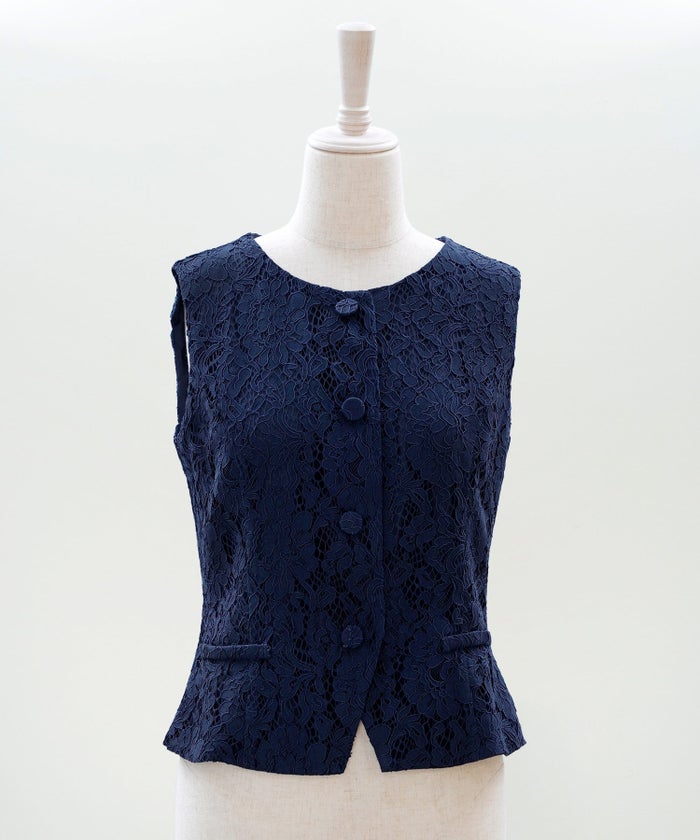 総レース ベスト ジレ 春 秋 美シルエット ウエストライン 裏地付き きれいめ オケージョン 通勤 ホワイト ピンク ネイビー ジョイントスペース 総レース ベスト ＆BLOOM（アンドブルーム）