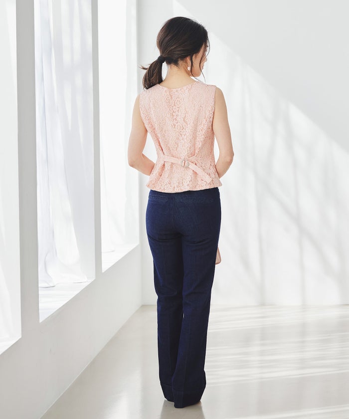 総レース ベスト ジレ 春 秋 美シルエット ウエストライン 裏地付き きれいめ オケージョン 通勤 ホワイト ピンク ネイビー ジョイントスペース 総レース ベスト ＆BLOOM（アンドブルーム）