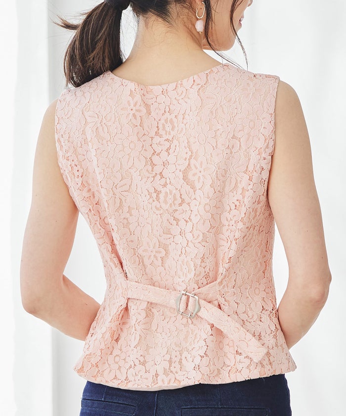 総レース ベスト ジレ 春 秋 美シルエット ウエストライン 裏地付き きれいめ オケージョン 通勤 ホワイト ピンク ネイビー ジョイントスペース 総レース ベスト ＆BLOOM（アンドブルーム）