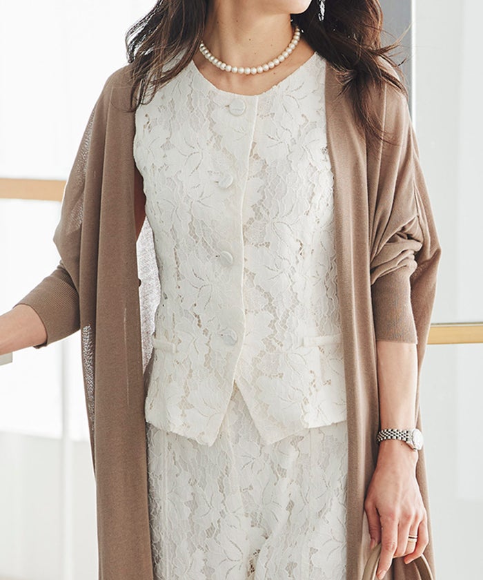 総レース ベスト ジレ 春 秋 美シルエット ウエストライン 裏地付き きれいめ オケージョン 通勤 ホワイト ピンク ネイビー ジョイントスペース 総レース ベスト ＆BLOOM（アンドブルーム）