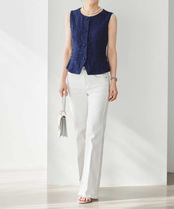 総レース ベスト ジレ 春 秋 美シルエット ウエストライン 裏地付き きれいめ オケージョン 通勤 ホワイト ピンク ネイビー ジョイントスペース 総レース ベスト ＆BLOOM（アンドブルーム）