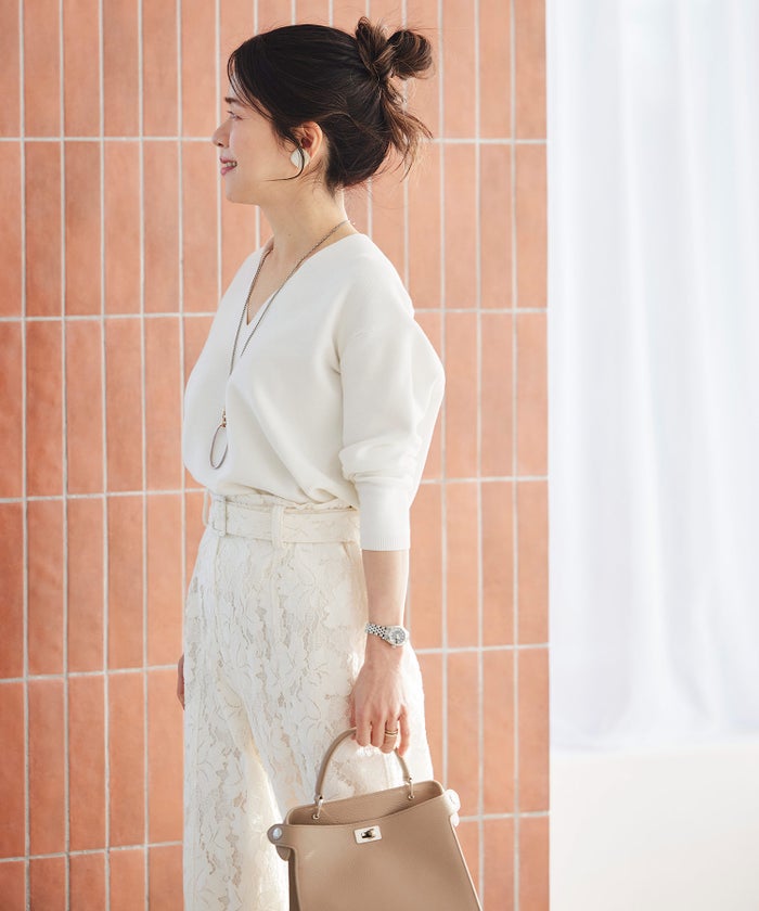 総レース ワイドパンツ オケージョン 結婚式 上品 フェミニン きれいめ 体型カバー 楽ちん 入学式 通勤 セットアップ ホワイト ピンク ネイビー ＆BLOOM（アンドブルーム）