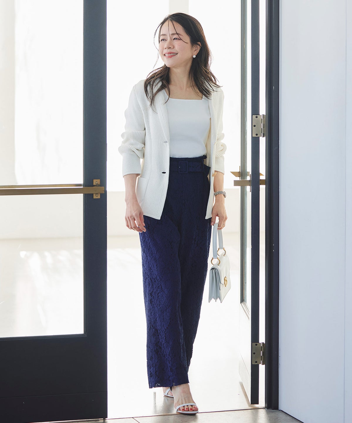 総レース ワイドパンツ オケージョン 結婚式 上品 フェミニン きれいめ 体型カバー 楽ちん 入学式 通勤 セットアップ ホワイト ピンク ネイビー ＆BLOOM（アンドブルーム）