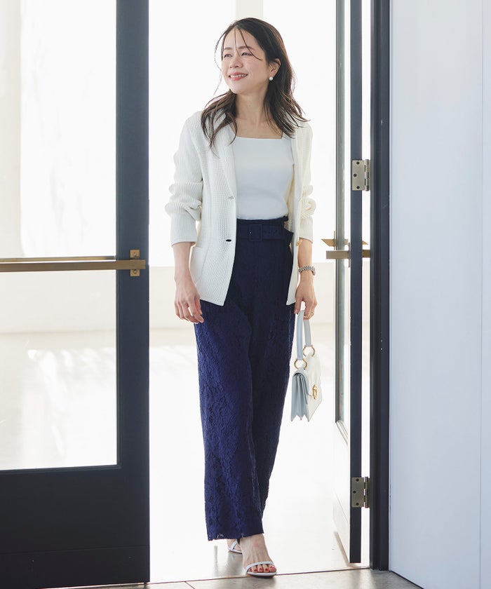 総レース ワイドパンツ オケージョン 結婚式 上品 フェミニン きれいめ 体型カバー 楽ちん 入学式 通勤 セットアップ ホワイト ピンク ネイビー ＆BLOOM（アンドブルーム）