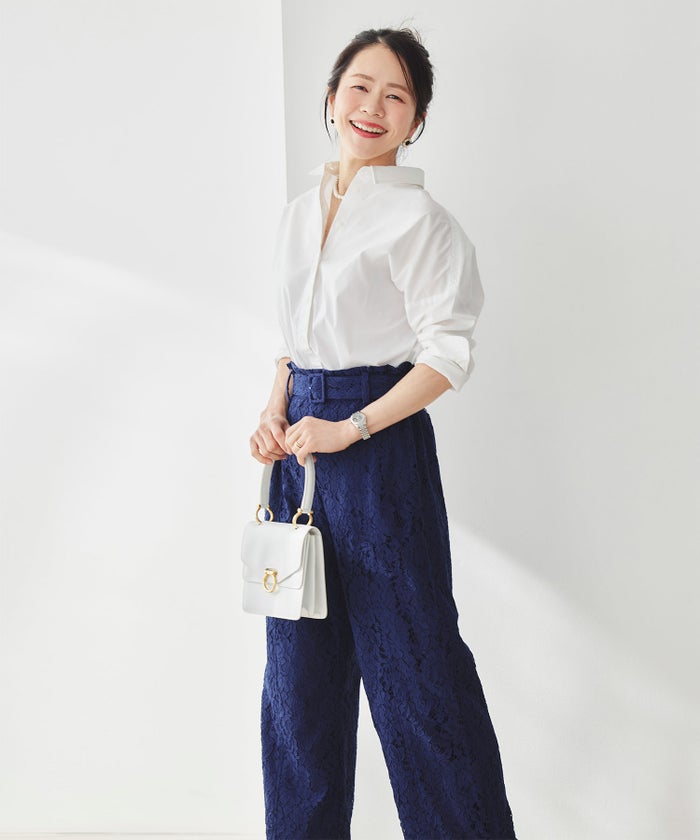 総レース ワイドパンツ オケージョン 結婚式 上品 フェミニン きれいめ 体型カバー 楽ちん 入学式 通勤 セットアップ ホワイト ピンク ネイビー ＆BLOOM（アンドブルーム）