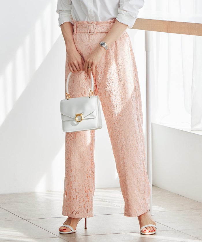 総レース ワイドパンツ オケージョン 結婚式 上品 フェミニン きれいめ 体型カバー 楽ちん 入学式 通勤 セットアップ ホワイト ピンク ネイビー ＆BLOOM（アンドブルーム）